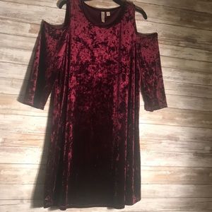 Burgundy Crushed Velvet Cold Shoulder Dress.
